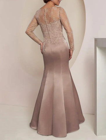 Meerjungfrau/Trompete Kleid für die Mutter der Braut, Hochzeitsgast, Party, elegant, Rundhalsausschnitt, bodenlang, Kunstseide, lange Ärmel, mit Spitzenfalten