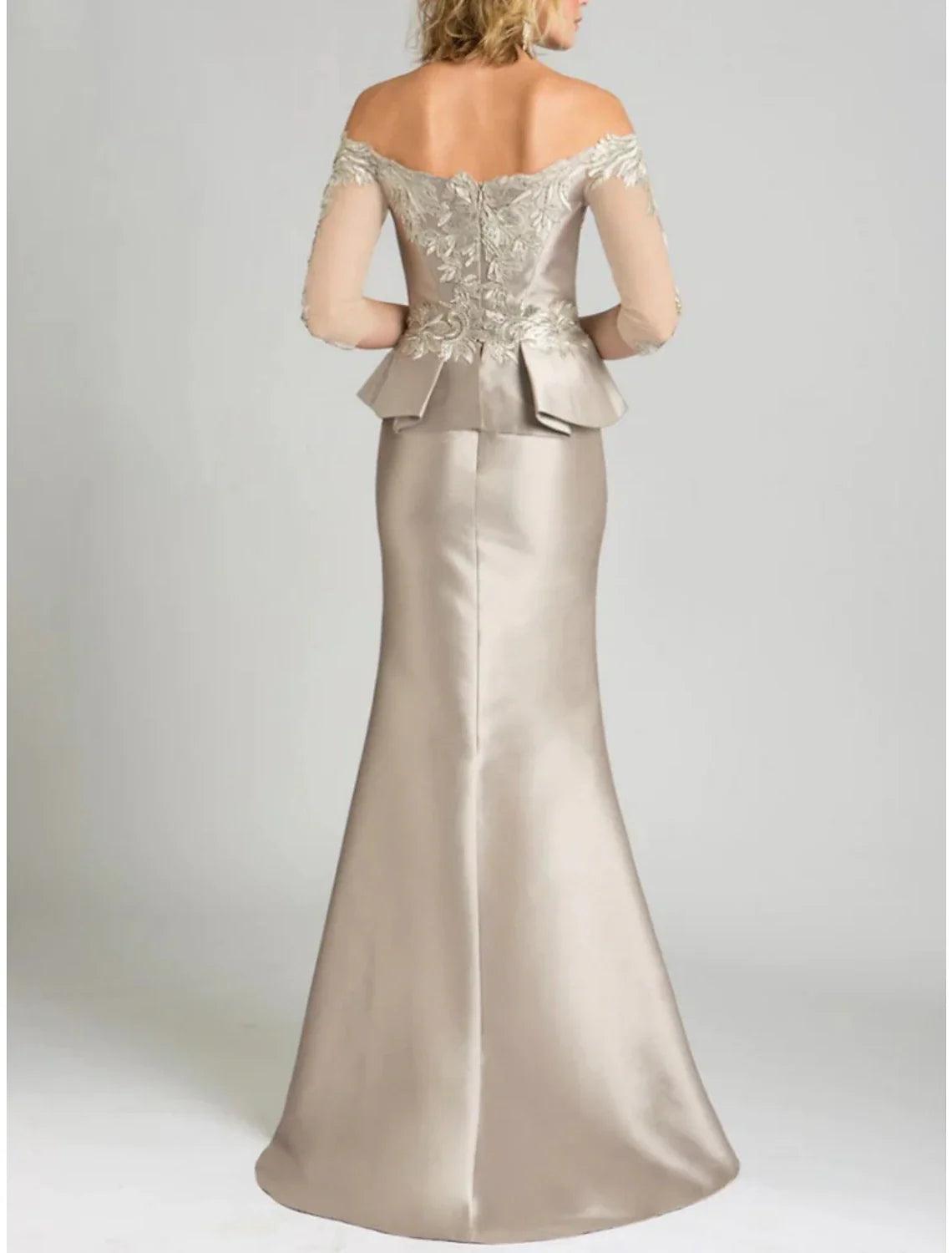 Mermaid / Trumpet Mother of the Bride Dress Wedding Guest Party Elegant Off Shoulder Floor Length Stretch Satin 3/4 Length Sleeve with Lace Sequin Ruching