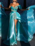 Vestido de fiesta, vestido de noche, vestido brillante y resplandeciente, vestido de graduación, cumpleaños, cola de corte, sin mangas, sin tirantes, de satén desmontable con lentejuelas