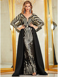 Vestido de noche sirena/trompeta con brillo y brillo, vestido formal para boda, largo hasta el suelo, manga larga, cuello en V, poliéster desmontable con sobrefalda de lentejuelas