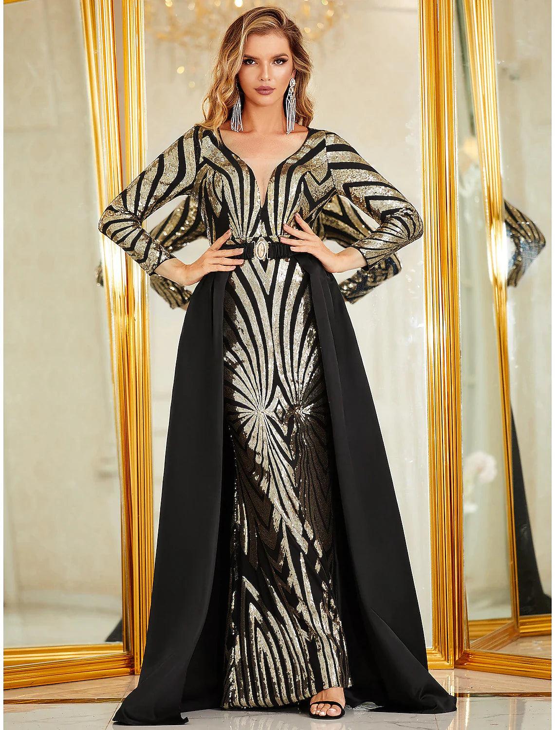 Vestido de noche sirena/trompeta con brillo y brillo, vestido formal para boda, largo hasta el suelo, manga larga, cuello en V, poliéster desmontable con sobrefalda de lentejuelas