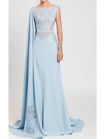 Meerjungfrau/Trompete Kleid für die Mutter der Braut, formelle Hochzeitsgastparty, eleganter Rundhalsausschnitt, Hofschleppe, Chiffon, Spitze, ärmellos, mit Schärpe/Band-Applikationen