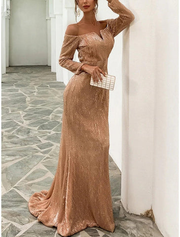 Meerjungfrau/Trompete Abendkleid Sparkle &amp; Shine Schwarzes Kleid Formelles Herbstkleid Sweep/Pinselzug Langarm Schulterfrei Pailletten mit Glitzerfalten