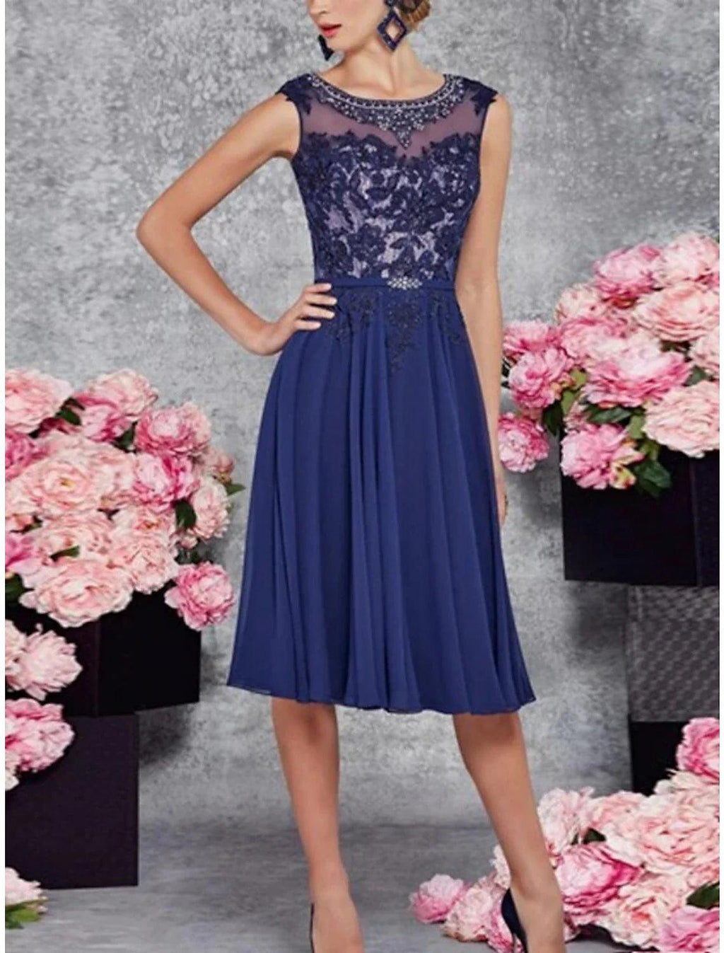 Vestido de dos piezas para madre de la novia, para invitadas de boda, para fiestas en la iglesia, elegante, con escote redondo, largo hasta la rodilla, de gasa, con encaje, media manga y pliegues con lentejuelas