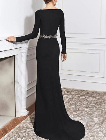 Meerjungfrau/Trompete, minimalistisch, elegant, Verlobung, formelles Abendkleid, U-Boot-Ausschnitt, lange Ärmel, Schleppe, Stretchstoff mit Schärpe/Band, Schlitz