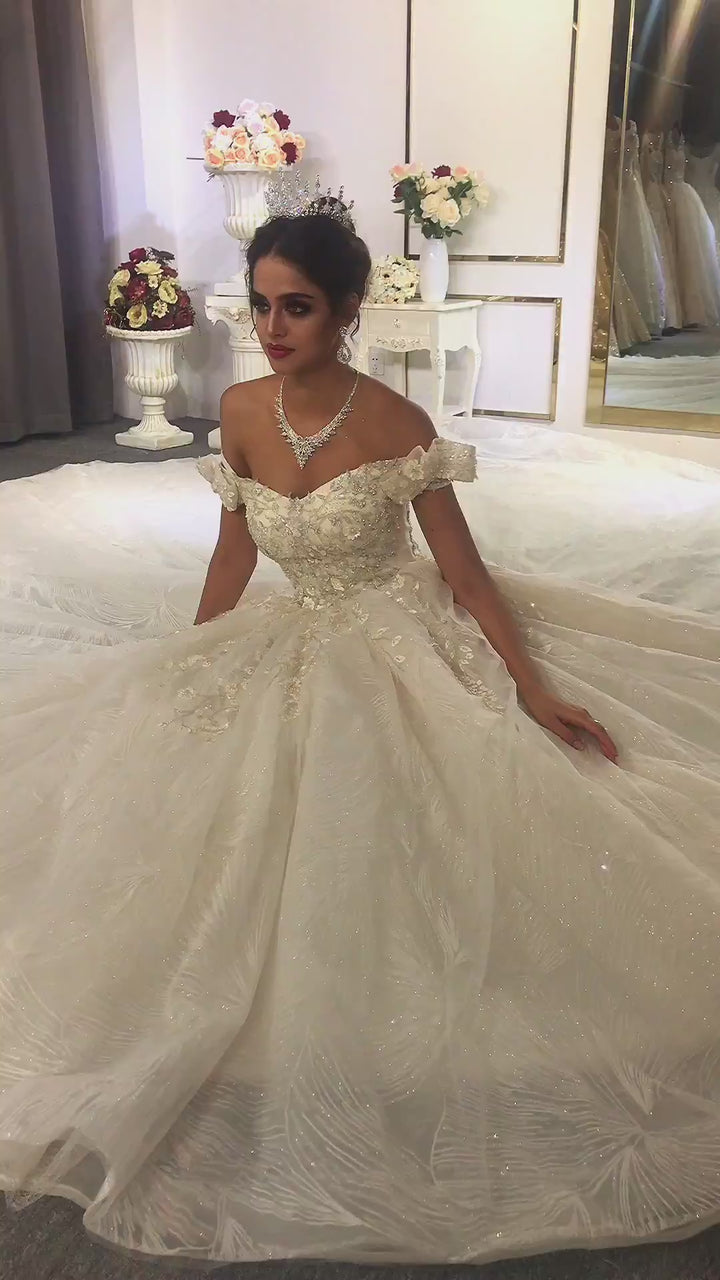 vestidos de novia corte princesa Off Shoulder 3D Flowers Ball Gown Wedding Dress